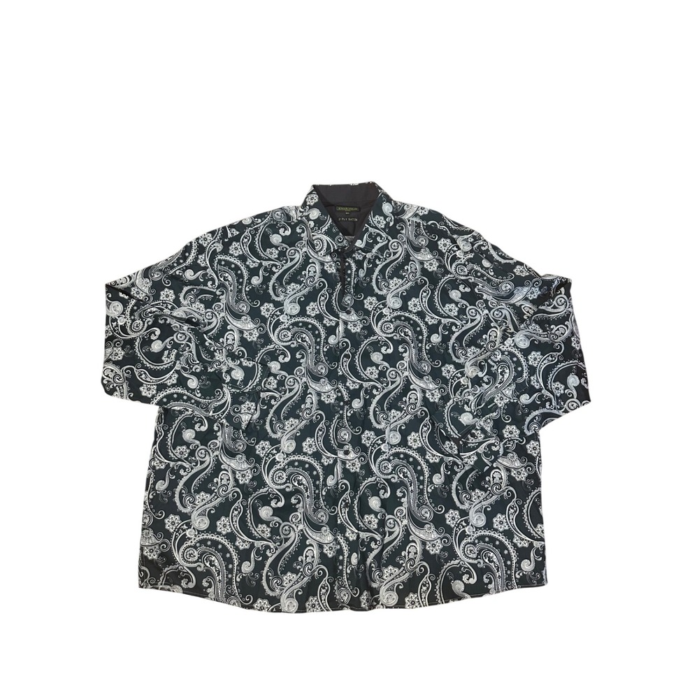 Inserch Icon Mens 6XL 2 Ply Satin Paisley Button Down Shirt Black White Long Slv